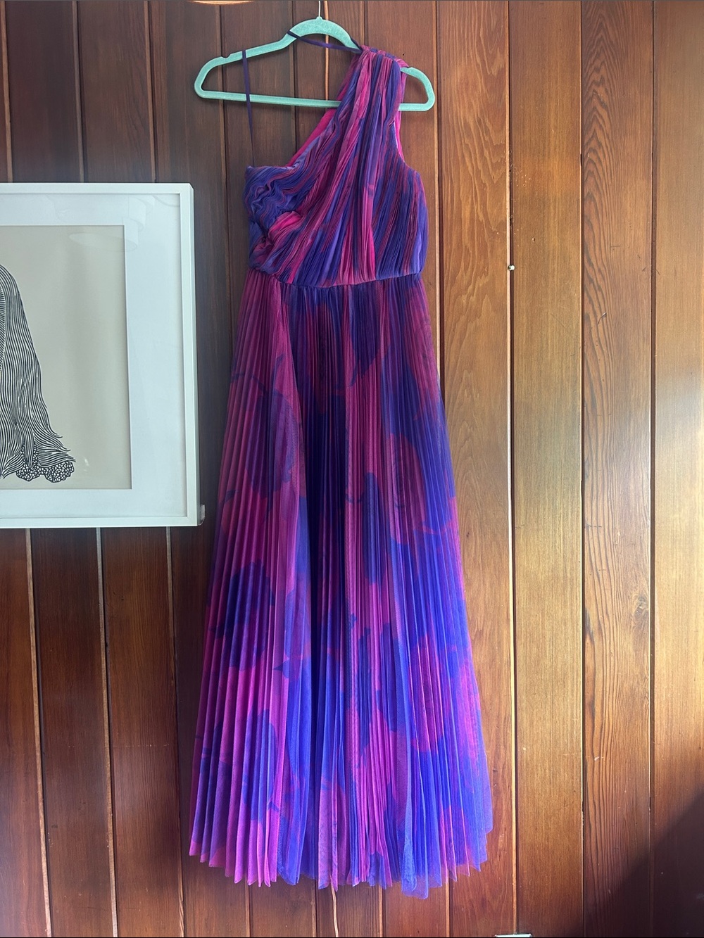 HUTCH One-Shoulder Pleated Evening Gown in Purple and Pink